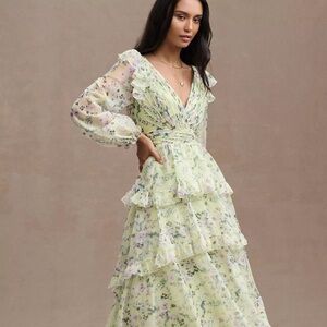 MAC DUGGAL Chiffon Tiered Puff Long Sleeve Gown Dress In Green Floral Size 8